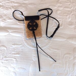 Tory Burch navy and wicker crossbody phone bag